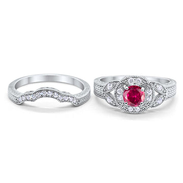 Two Piece Wedding Bridal Set Art Deco Simulated Ruby CZ Ring 925 Sterling Silver